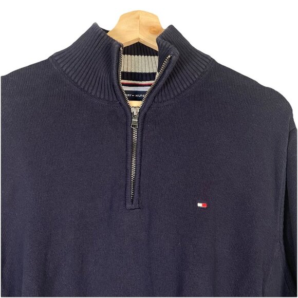 Tommy Hilfiger Sweater Mens Pullover XL Cotton 1/4 Zip Long Sleeve Blue Preppy - Picture 2 of 7